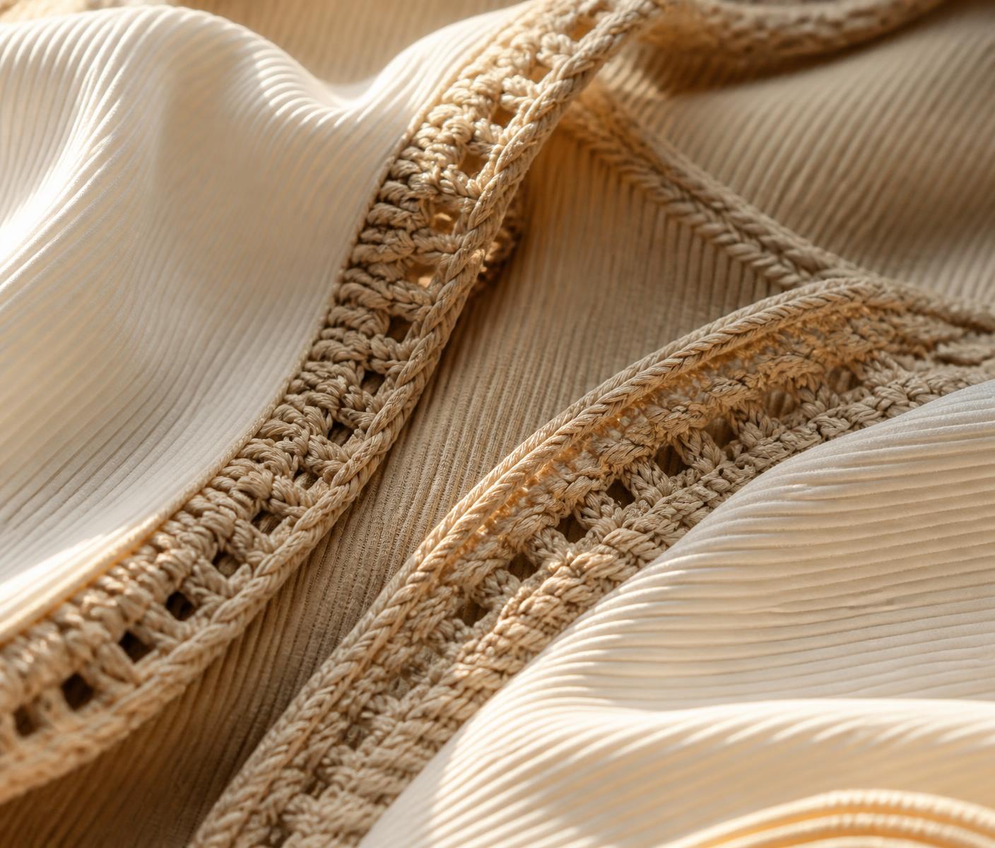 Close view of ribbed ivory swimwear fabric with hand-crochet trim