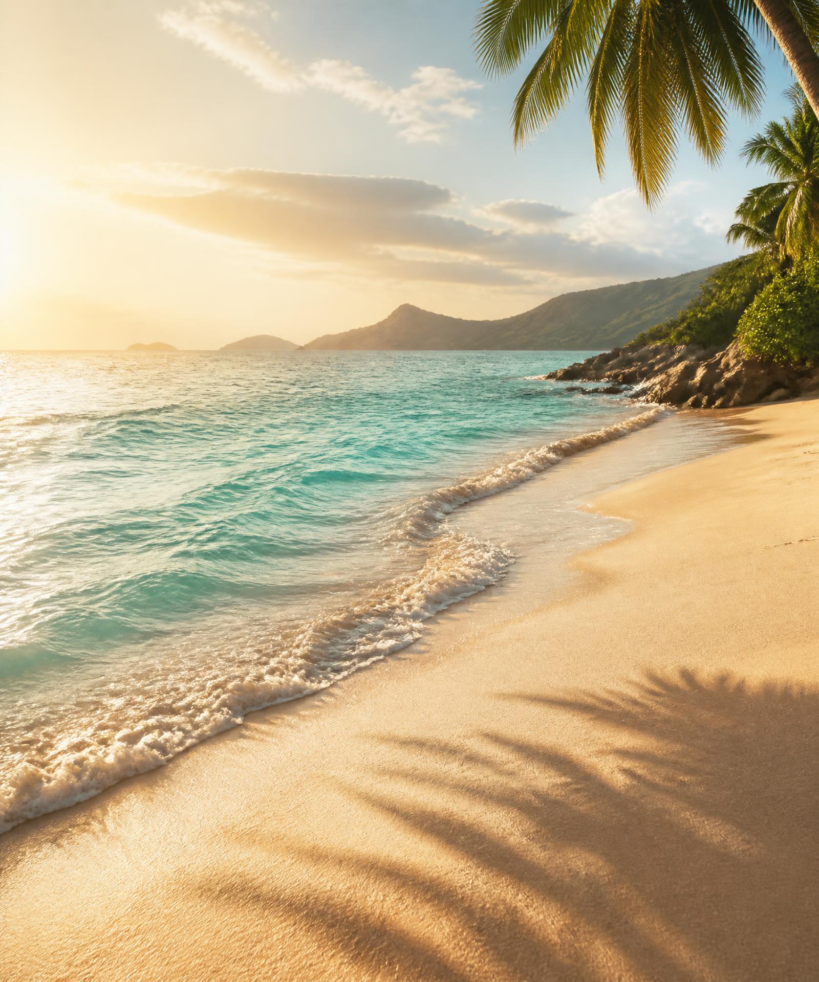 Sunlit shoreline at golden hour