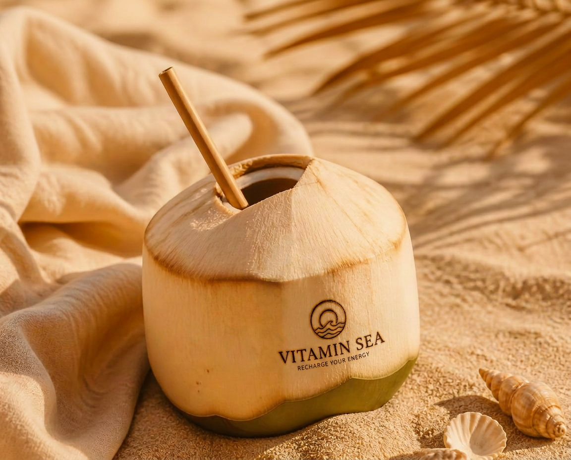 Whole young coconut with a bamboo straw, the Vitamin Sea emblem branded into the side of the husk